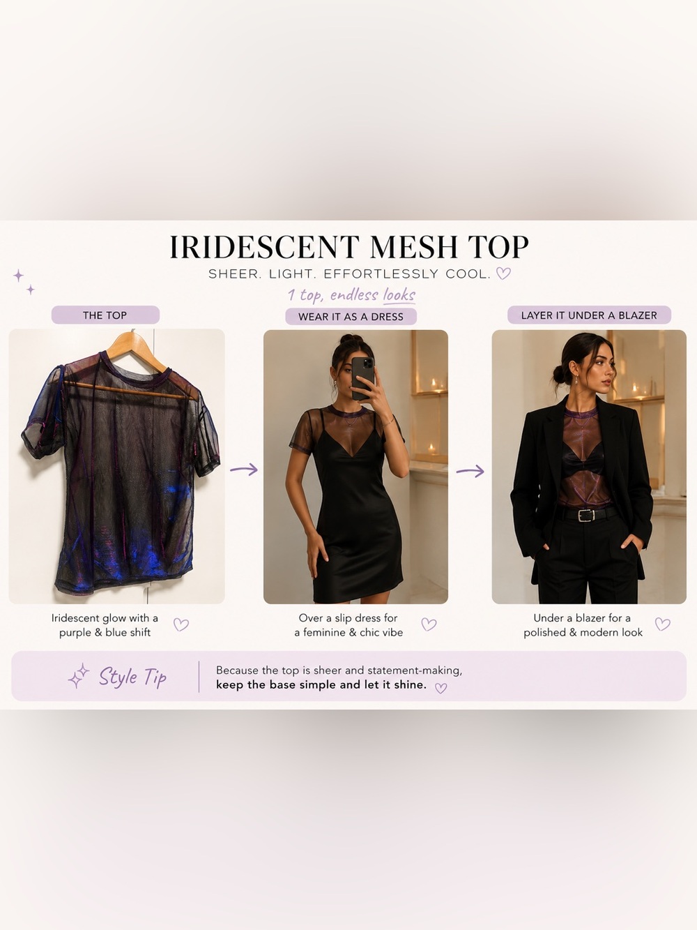 Sheer iridescent Purple Short Sleeve Mesh Top